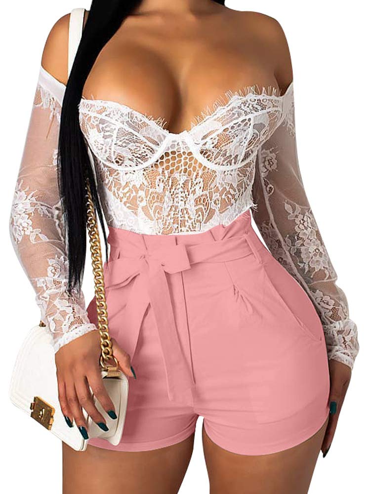 GOBLES Womens Summer Casual Shorts High Waist Ruffle Bow Tie Shorts Pink - Image 2